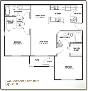 Two Bedroom, Two Bath Apartment - 1,132 sq. ft.