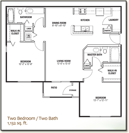 2 bedroom, 2 bath apartment, 1,132 square feet